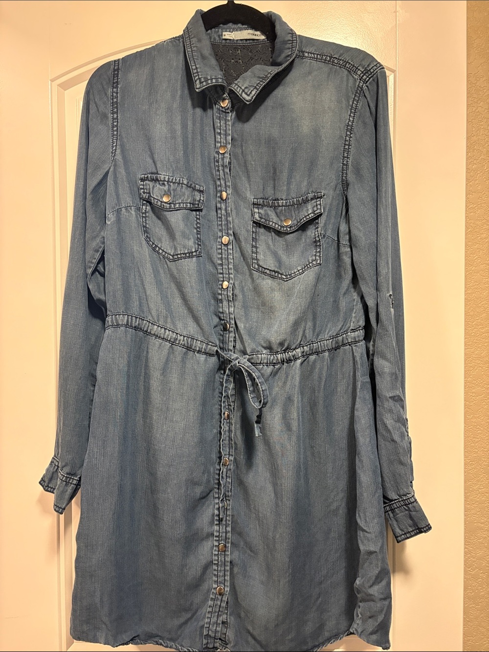 Maurices Blue Denim Shirt Dress with Drawstring Waist